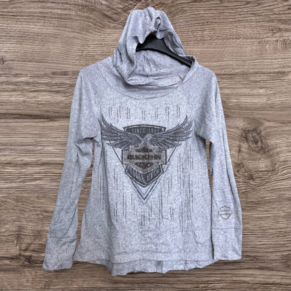 Harley-Davidson Asymmetrical Hooded T-Shirt Rhinestone Eagle Biker Cycle Top M
